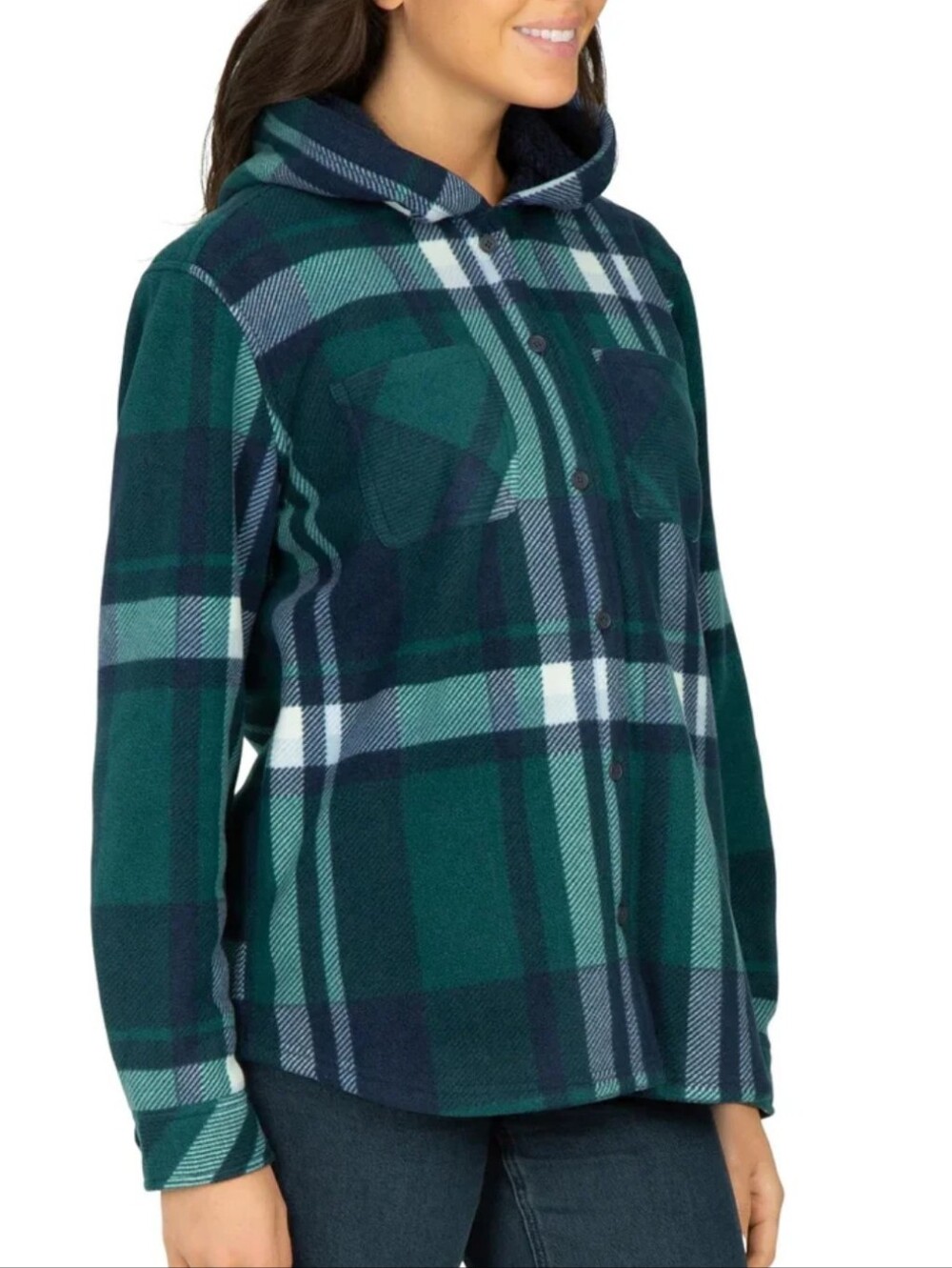Realtree Plaid Jacket Women's Small Green Blue Shacket Fleece Cozy Hooded NWT